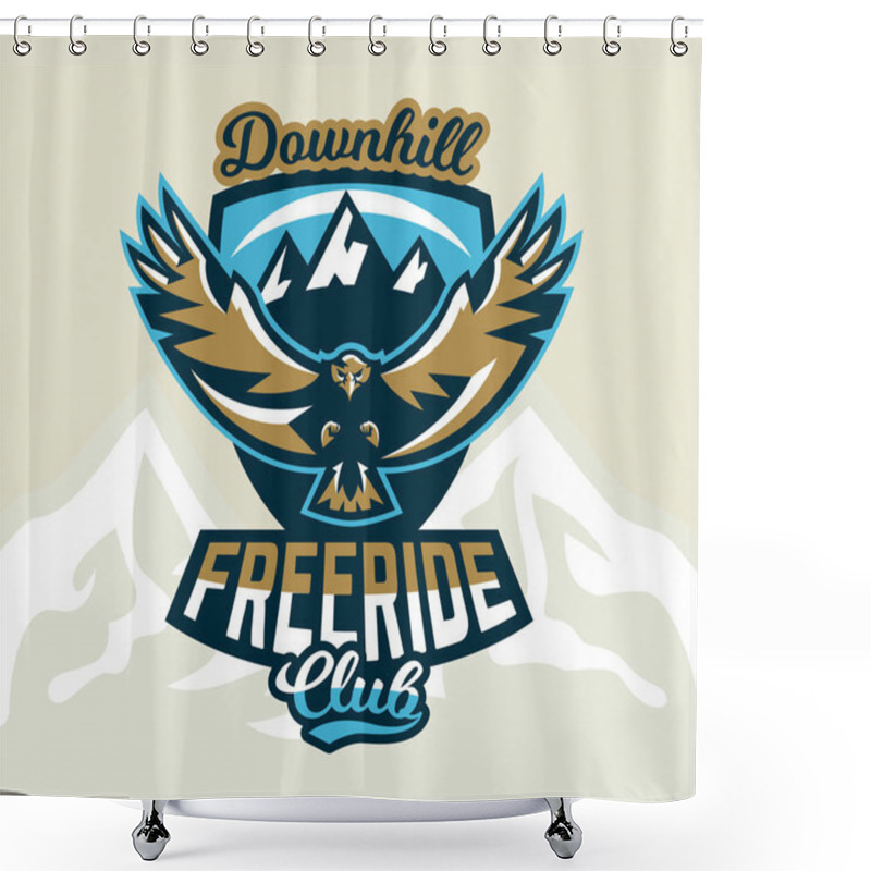 Personality  Logo, Emblem Of An Eagle Flying. Mountains, Rocks. Badges Shield, Lettering. Vector Illustration. Shower Curtains