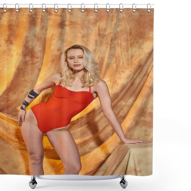 Personality  Tattooed Blonde Woman In Orange Swimwear Posing On Beige Backdrop With Drapery, Model In Studio Shower Curtains