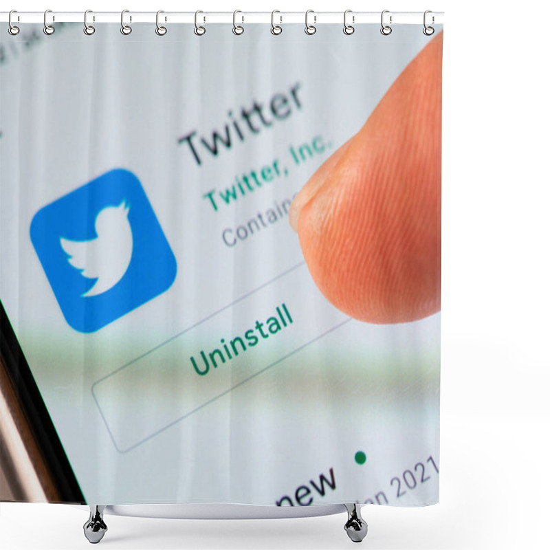 Personality  Close-up View Of Uninstalling Twitter App On A Smartphone Shower Curtains