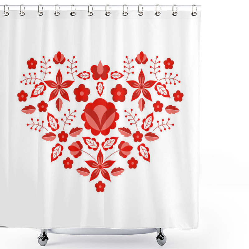 Personality  Polish Folk Pattern Vector. Floral Ethnic Ornament. Slavic Eastern European Print. Red Heart Flower Design For Boho Valentines Cards, Neckline Embroidery, Gypsy Pillow Case, Bohemian Interior Textile. Shower Curtains