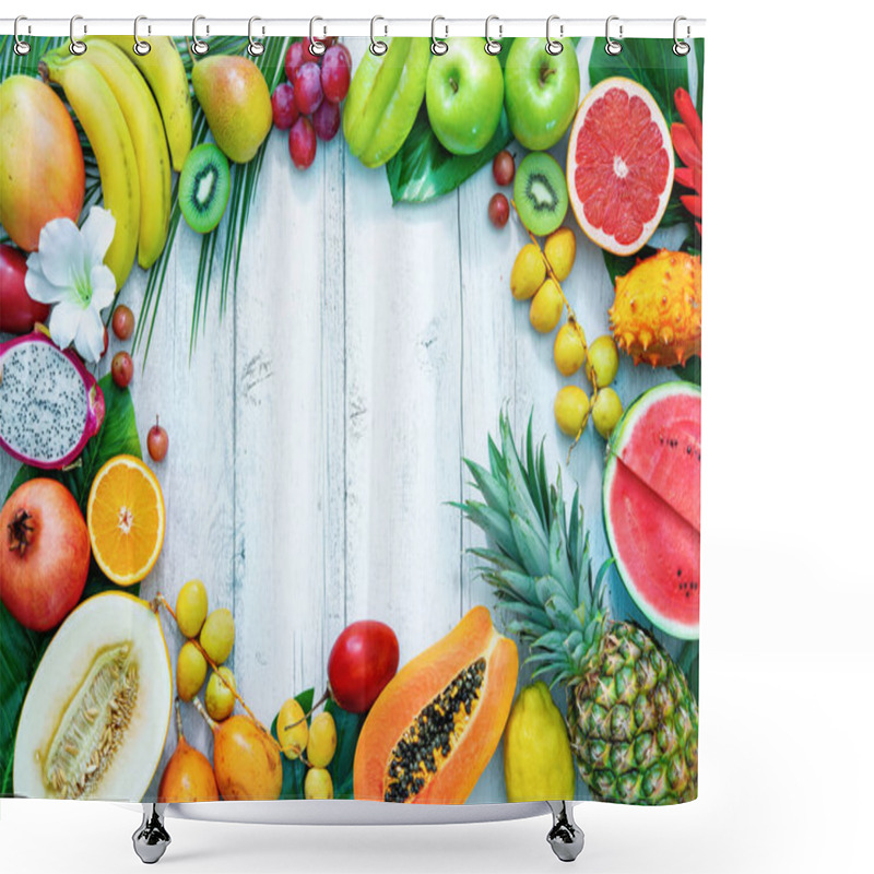 Personality  Assortment Of Tropical Fruits With Palm Leaves And Exotic Flower Shower Curtains