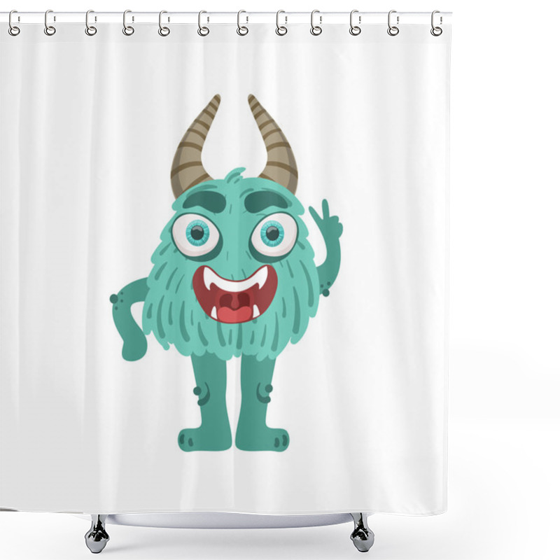 Personality  Furry Turquoise Friendly Monster With Horns Shower Curtains