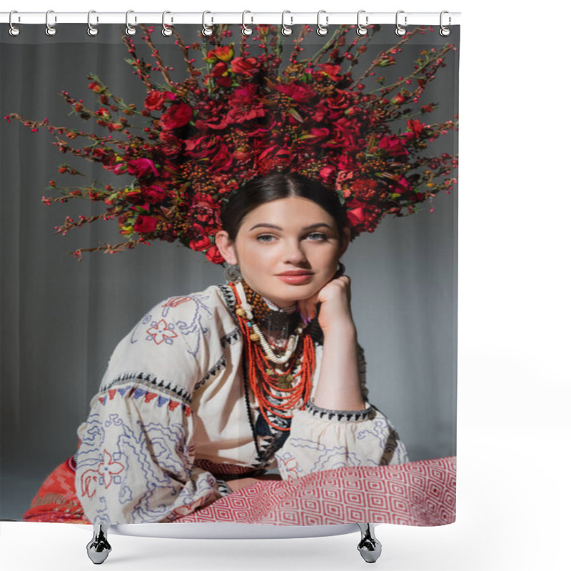 Personality  Portrait Of Young Ukrainian Woman In Traditional Costume And Floral Red Wreath Isolated On Grey Shower Curtains