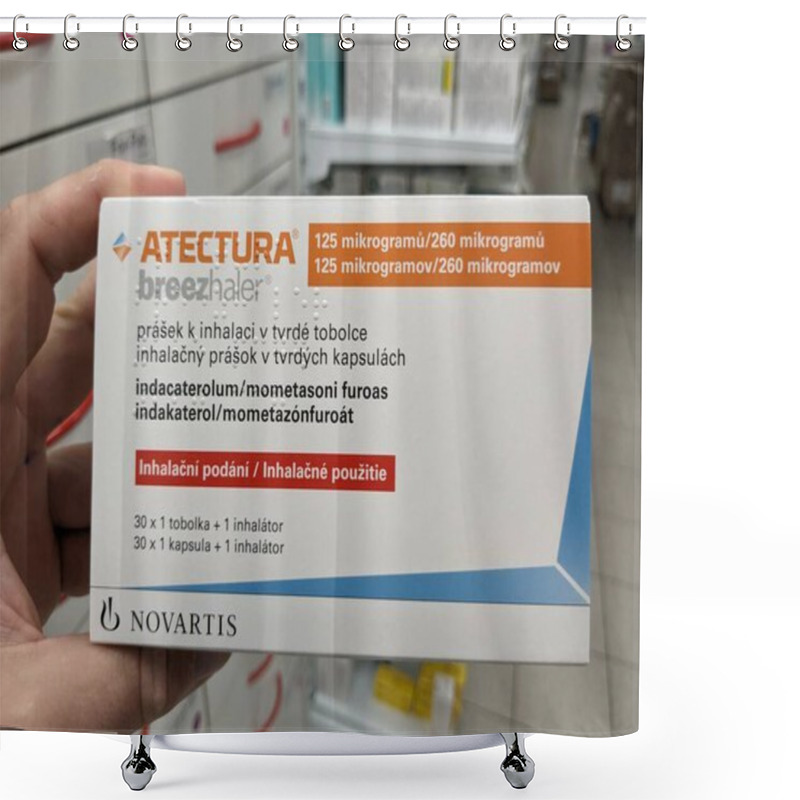 Personality  Prague,Czech Republic-August 7 2024: ATECTURA Box Of Medication With INDACATEROL And MOMETASONE Active Substances By NOVARTIS,used For Treatment Of Asthma,COPD Shower Curtains