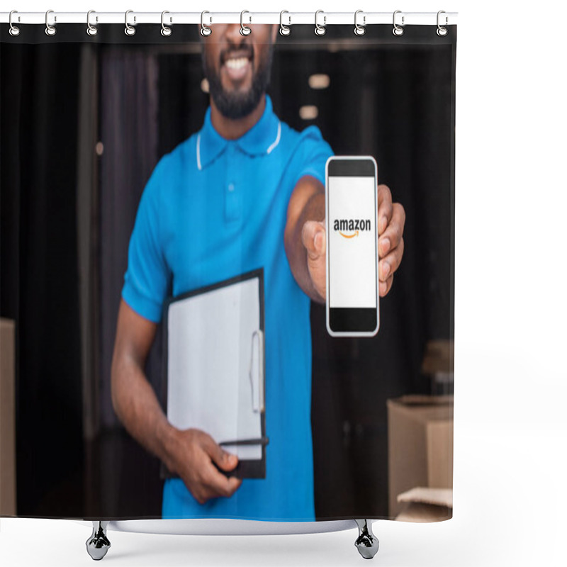 Personality  Cropped Image Of African American Delivery Man Showing Smartphone With Loaded Amazon Page Shower Curtains