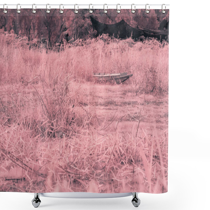 Personality  A Landscape With A Dominant Pink Hue, Suggesting An Altered Or Infrared Effect. A Tall Grasses And Scattered Vegetation, With A Few Trees In The Background Shower Curtains