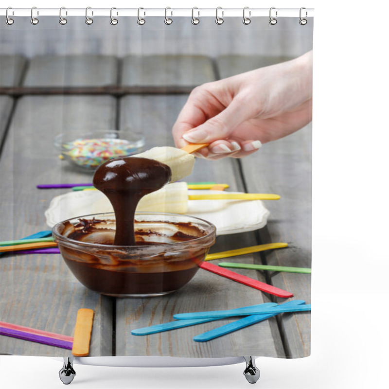 Personality  Preparing Chocolate Dipped Banas Dessert Shower Curtains