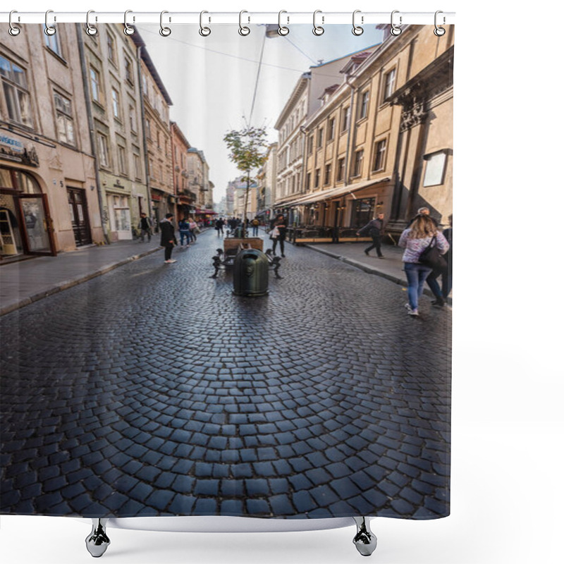 Personality  LVIV, UKRAINE - OCTOBER 23, 2019: Old Buildings And People Walking Along Street In City Center Shower Curtains