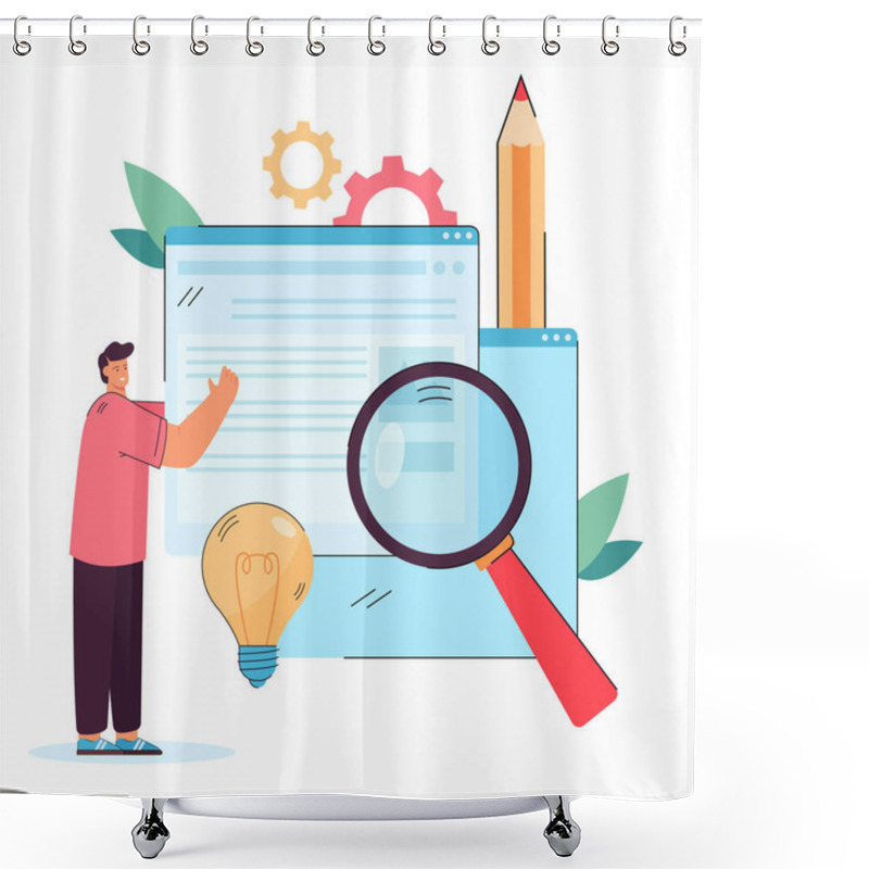 Personality  Creator Publishing New Digital Content. Man Holding Web Page, Adding Information On Website Flat Vector Illustration. Digital Content, Management Concept For Banner, Website Design Or Landing Web Page Shower Curtains