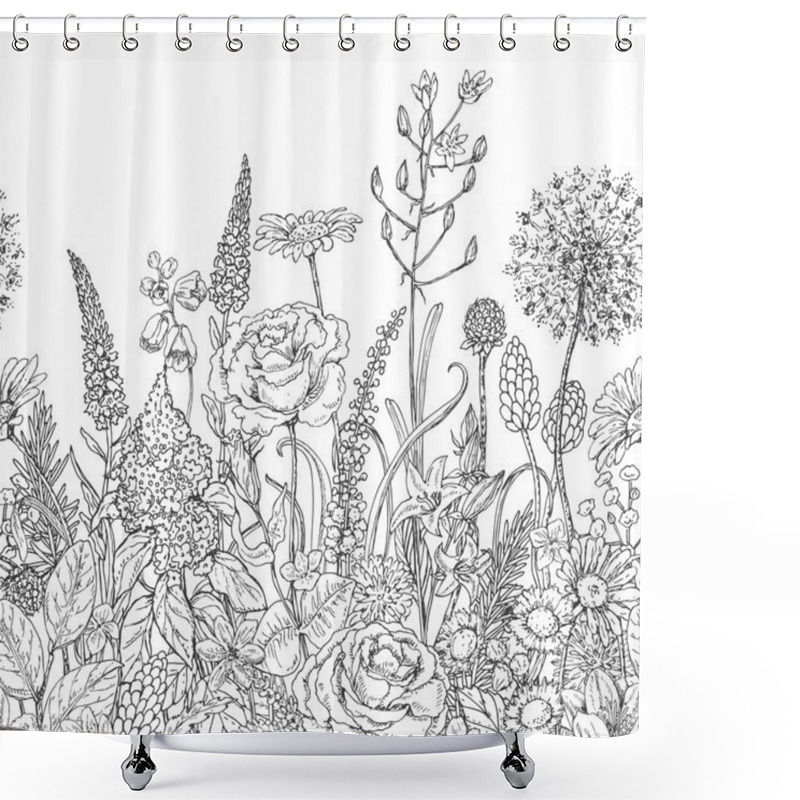 Personality  Seamless Line Pattern With Wildflowers Shower Curtains