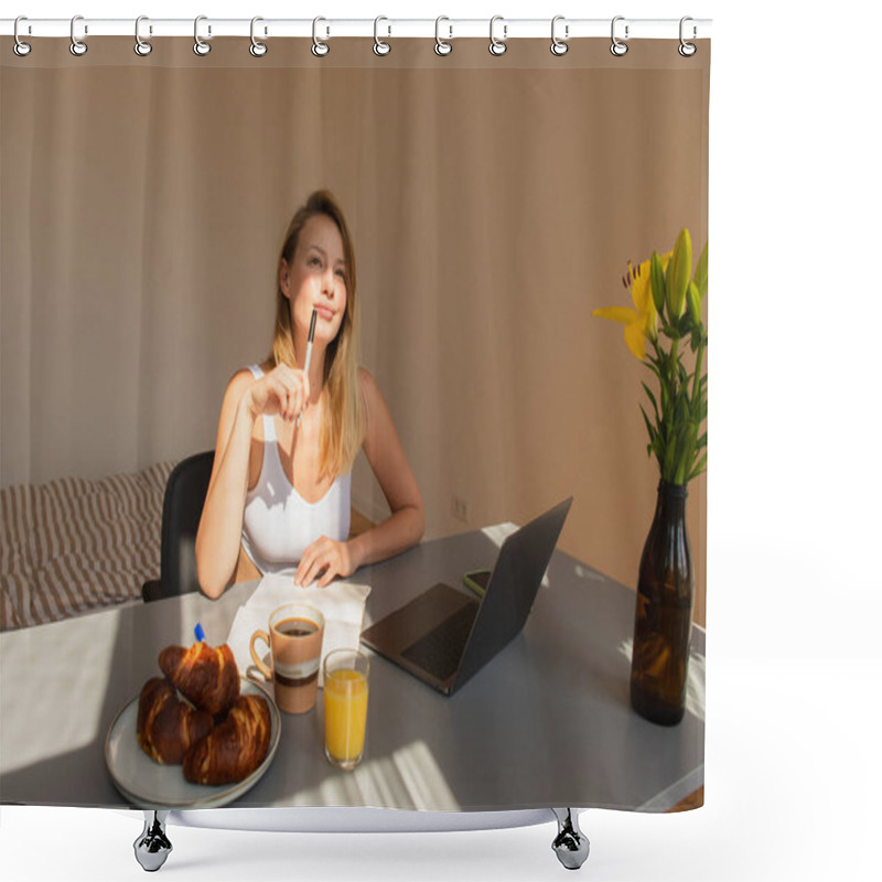 Personality  Pensive Freelancer Holding Pen Near Breakfast And Gadgets At Home  Shower Curtains