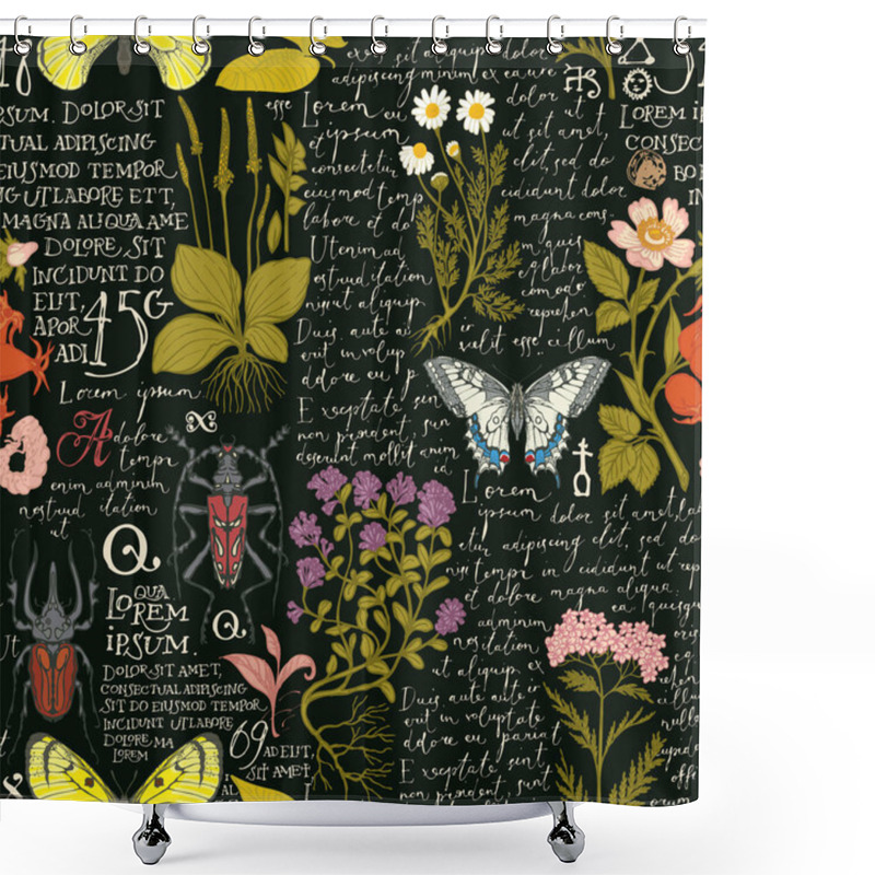 Personality  Vector Seamless Pattern With Medicinal Herbs, Insects And Handwritten Text Lorem Ipsum. Hand-drawn Plants, Beetles, Butterflies On A Black Background. Suitable For Wallpaper, Wrapping Paper, Textiles Shower Curtains