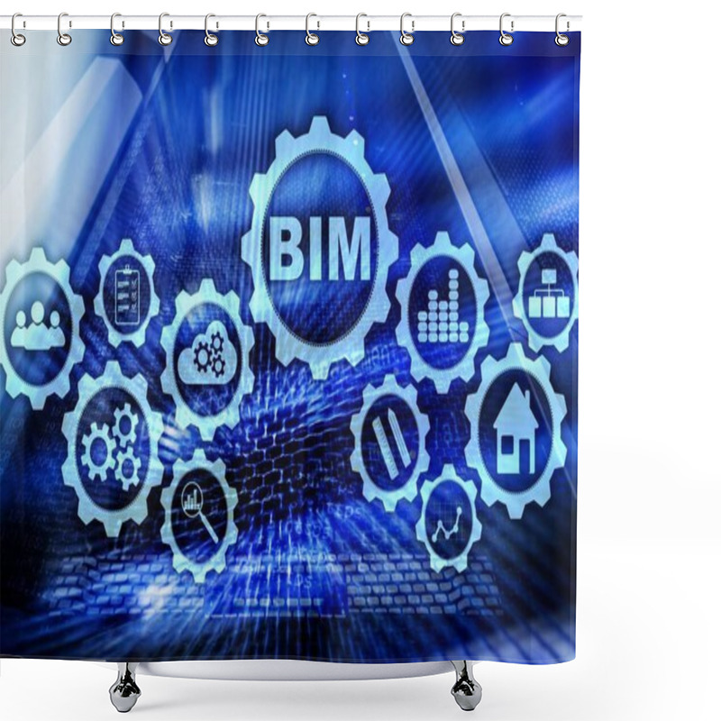 Personality  Building Information Modeling. BIM On The Virtual Screen With A Server Data Center Background. Shower Curtains