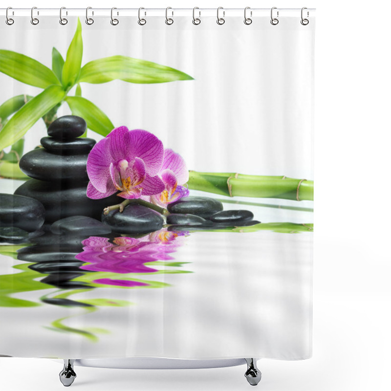 Personality  Purple Orchids With Bamboo Tower Black Stones On Water Shower Curtains