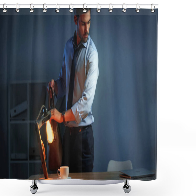 Personality  Businessman Packing Bag And Looking At Laptop In Evening  Shower Curtains