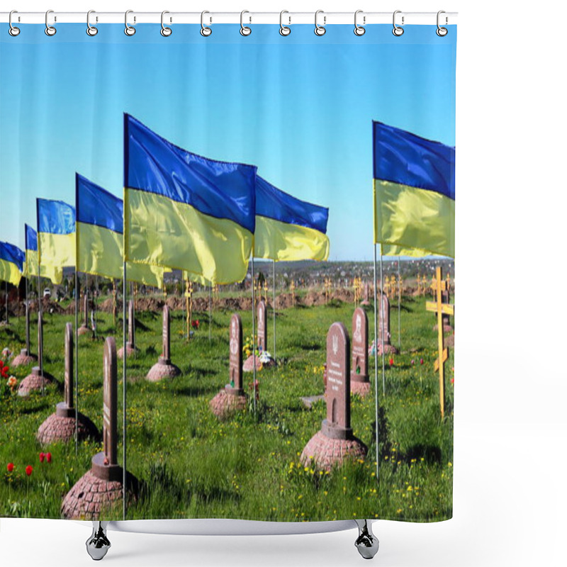 Personality  Military Cemetery Where Soldiers Who Died In Russian War Against Ukraine Are Buried. State Ukrainian Flag Flutter Over Graves And Monuments. Dnipro City, Ukraine, May 7, 2022. Shower Curtains