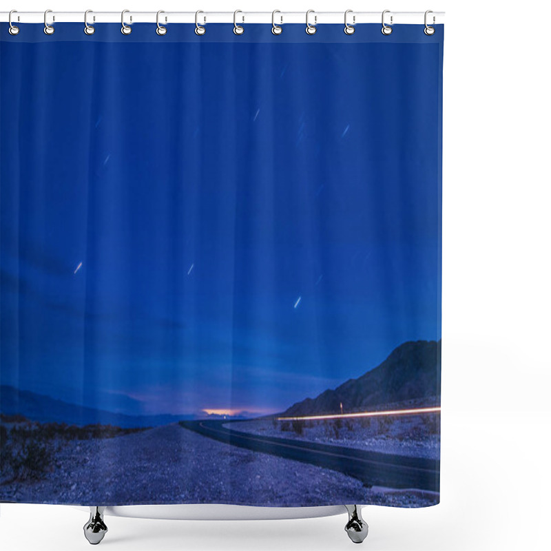 Personality  Moonlit Road With Car's Headlight Trails And Star-trails In Death Valley, California Shower Curtains