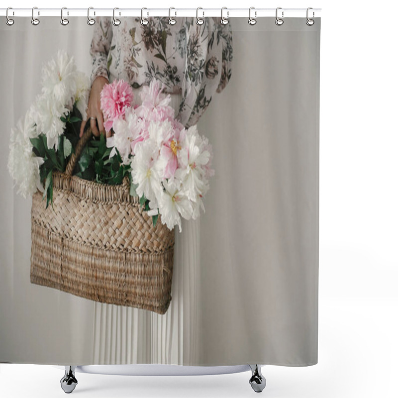 Personality  Boho Girl Holding Pink And White Peonies In Rustic Basket. Stylish Hipster Woman In Bohemian Floral Dress Gathering Peony Flowers. International Womens Day.  Wedding Decor And Arrangement Shower Curtains