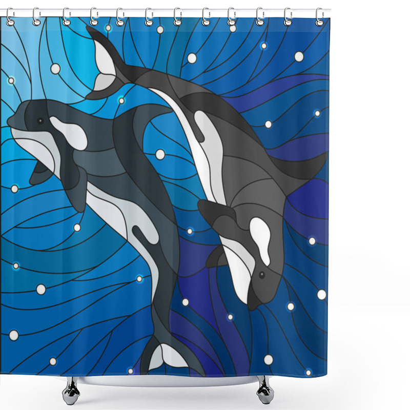 Personality  Illustration In The Style Of Stained Glass With Two Whales On The Background Of Water And Air Bubbles Shower Curtains