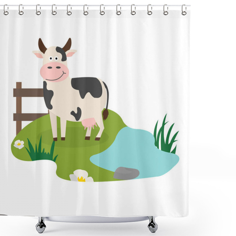 Personality  Illustration Of Cartoon Cow Standing On Grass Shower Curtains