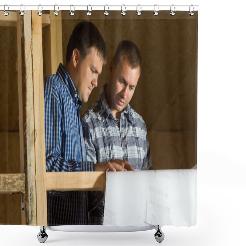 Personality  Building Architects Looking At Blueprint Seriously Shower Curtains