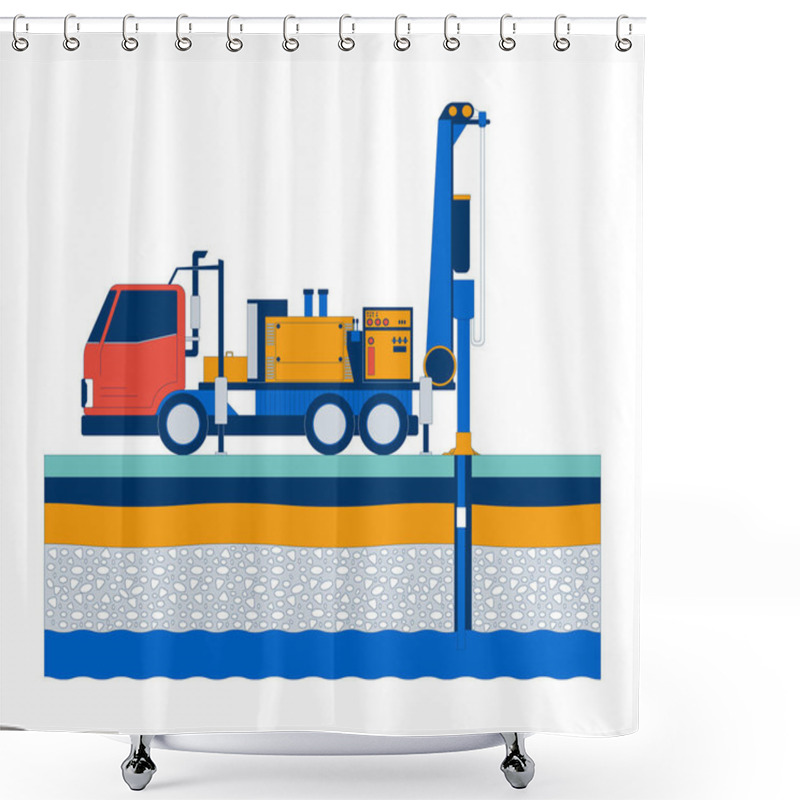 Personality  Water Well Drilling Truck And Ground Layers Cartoon Flat Illustration. Soil, Rock, Groundwater. Resource Extraction. Industrial Equipment 2D Scene Isolated On White Background. Vector Colorful Image Shower Curtains