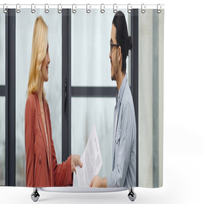 Personality  A Man And Woman Exchanging Documents In Front Of A Window. Shower Curtains