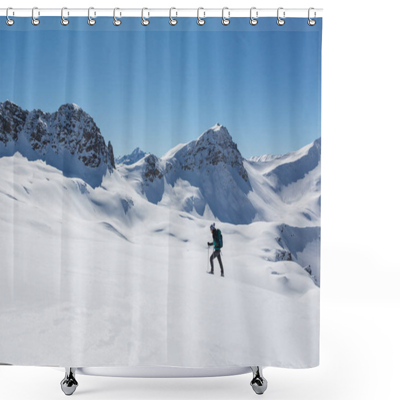 Personality  Women With Snowshoes Walking In  Snowy Winter Landscape In Schanfigg Near Arosa With Blue Sky Shower Curtains