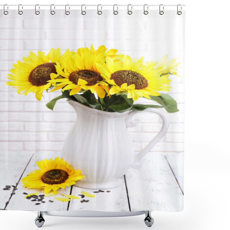 Personality  Beautiful Bouquet Of Sunflowers In Pitcher On Table On Brick Wall Background Shower Curtains