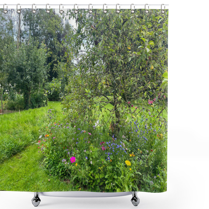 Personality  Poppies And Wildflowers Blooming Under An Apple Tree. A Vibrant, Low-maintenance Flower Bed With Various Colorful Wildflowers. Jardin Du Rossignol. France Shower Curtains