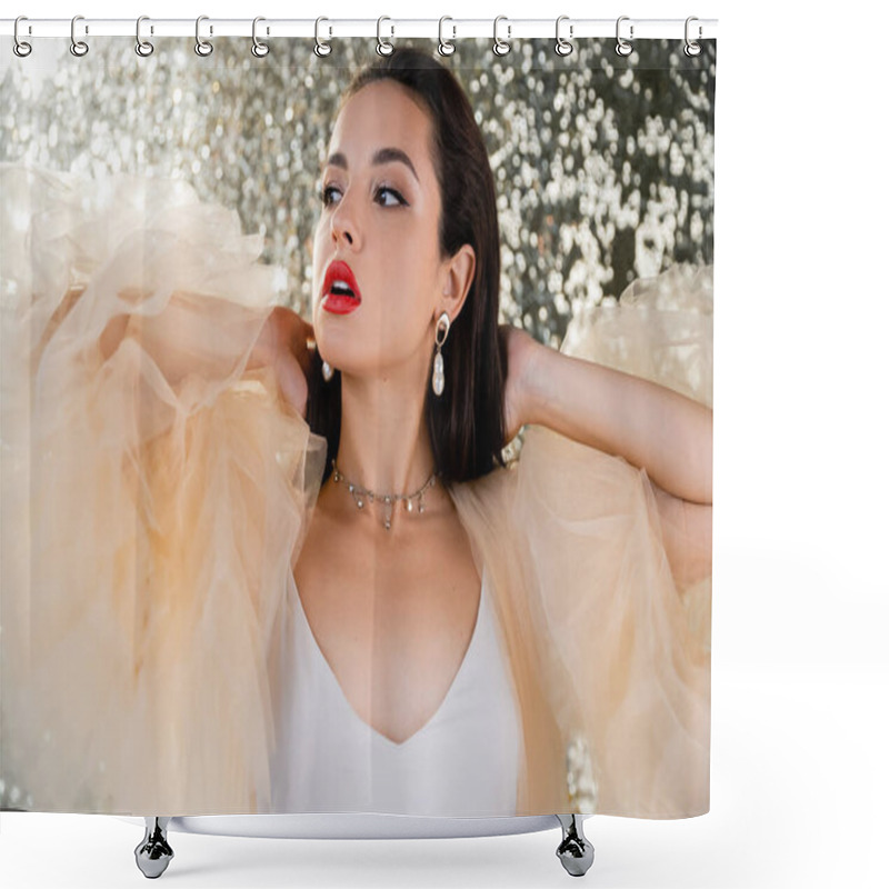 Personality  Young Woman With Red Lips Posing In Elegant Chiffon Dress And Looking Away On Shiny Background Shower Curtains