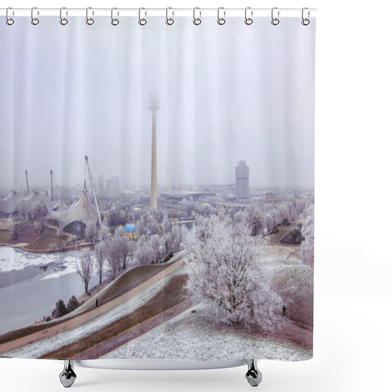 Personality  Tv  And BMW Tower At The Olympia Park With Fog And Snow In Munich, Germany Shower Curtains