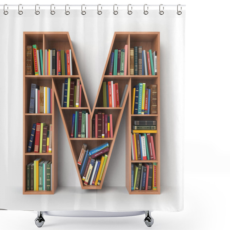 Personality  Letter M. Alphabet In The Form Of Shelves With Books Isolated On Shower Curtains