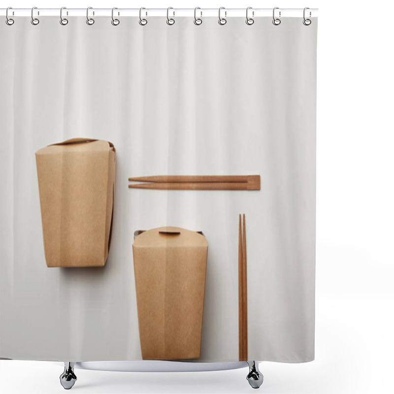 Personality  Flat Lay With Arranged Wok Boxes And Chopsticks On White Surface, Minimalistic Concept  Shower Curtains