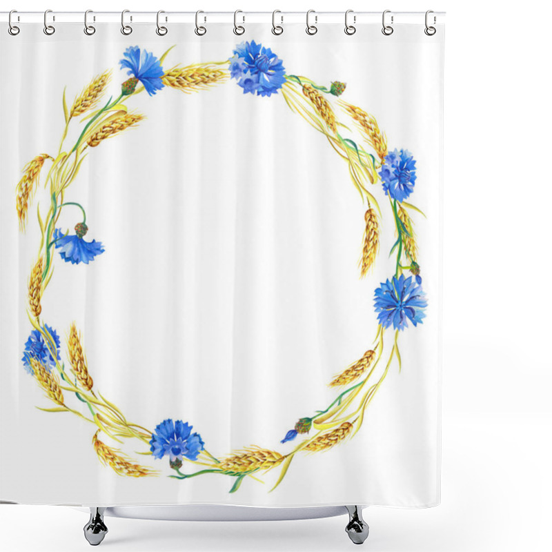 Personality  Watercolor Wreath Of Blue Cornflowers, Ears Of Ripe Wheat.Beautiful Bright Frame With Blue Flowers,green Leaves. Shower Curtains