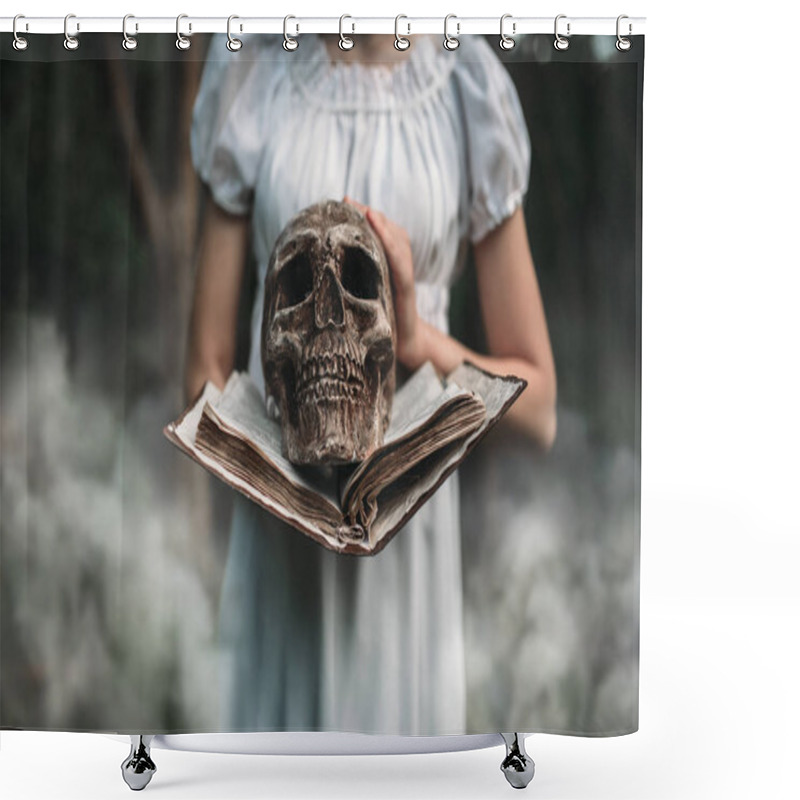 Personality  Female Victim In White Dress Holds Book And Human Skull In Hand, Forest On Background. Photo In Horror Style, Exorcism Shower Curtains