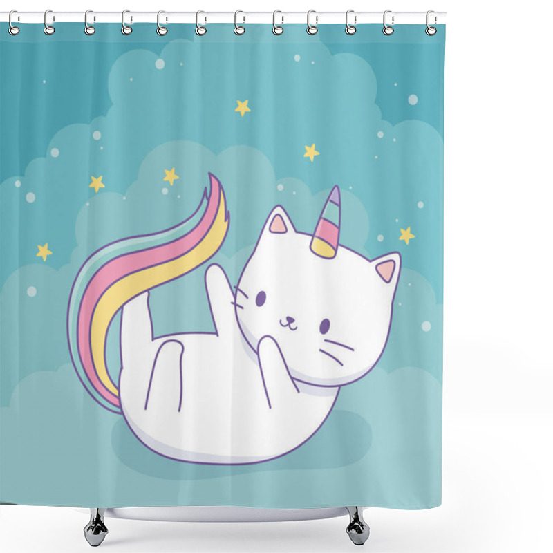 Personality  Cute Cat With Rainbow Tail Kawaii Character Shower Curtains