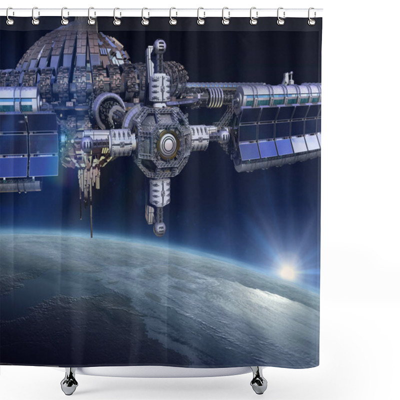 Personality  3D Rendering Of A Futuristic Space Station Flying Above Earth, For Video Games And Science Fiction Backgrounds. Shower Curtains