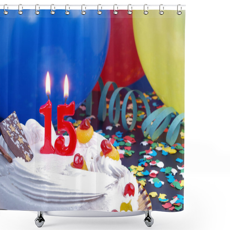 Personality  Birthday Cake With Red Candles Showing Nr. 15 Shower Curtains