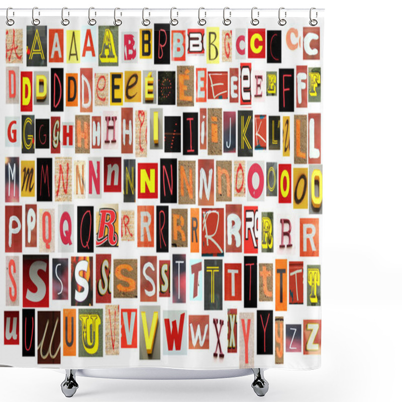 Personality  Newspaper Alphabet Cut Out In Red, Orange, Yellow And Black Isolated On White Shower Curtains