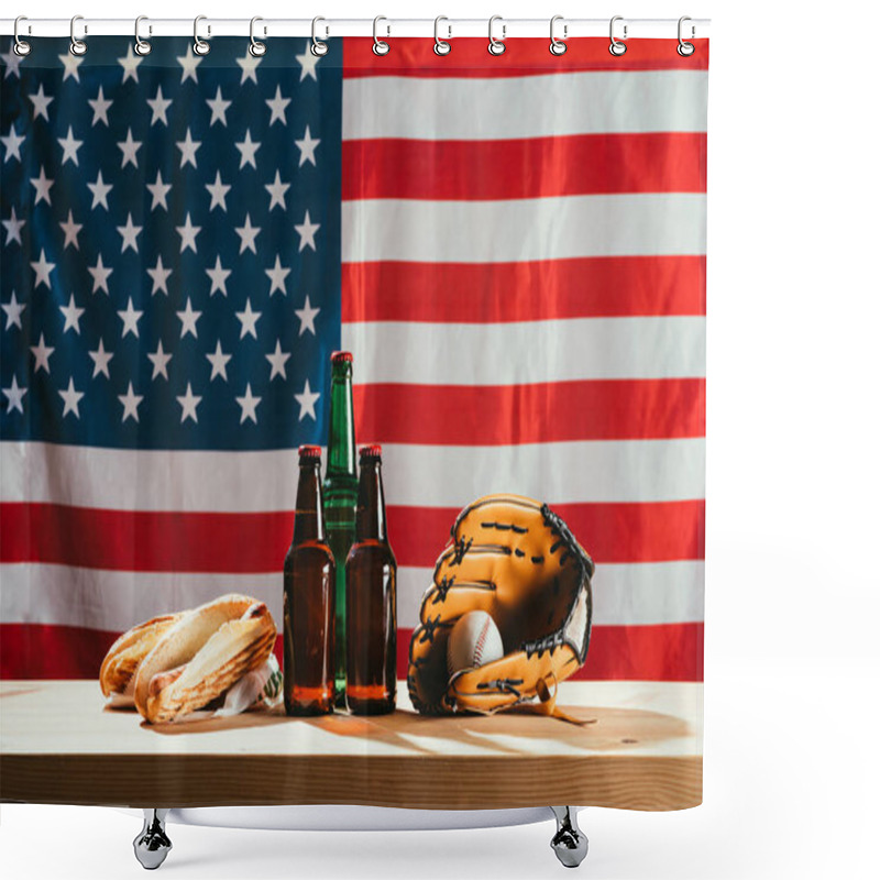 Personality  Close-up View Of Beer Bottles, Hot Dogs, Leather Glove And Baseball Ball On Wooden Table With Us Flag Behind Shower Curtains