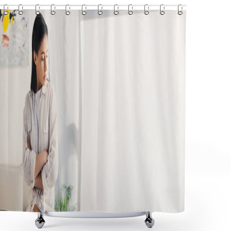 Personality  Panoramic Shot Of Upset Latin Woman Standing With Crossed Arms Near Window Shower Curtains