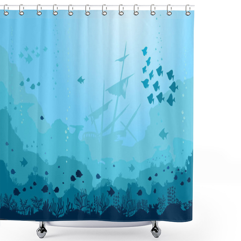 Personality  Ocean Underwater Background With Fishes And Sunken Ship, Sea Plants And Reefs. Vector Shower Curtains