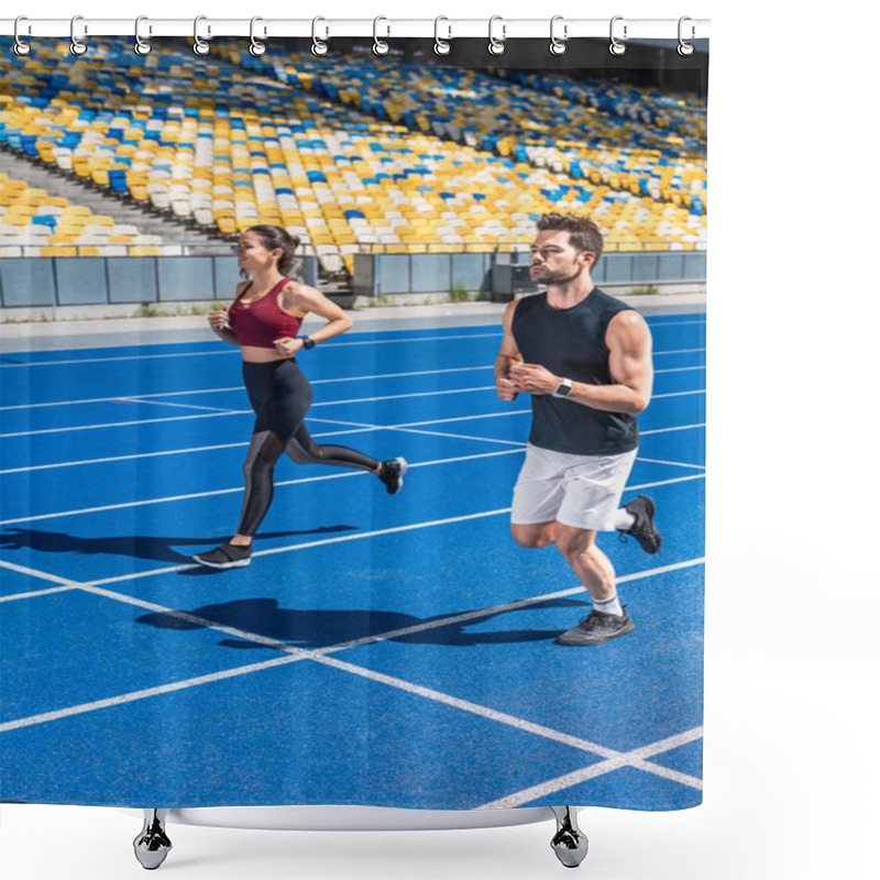 Personality  Attractive Young Male And Female Joggers Running On Track At Sports Stadium Shower Curtains