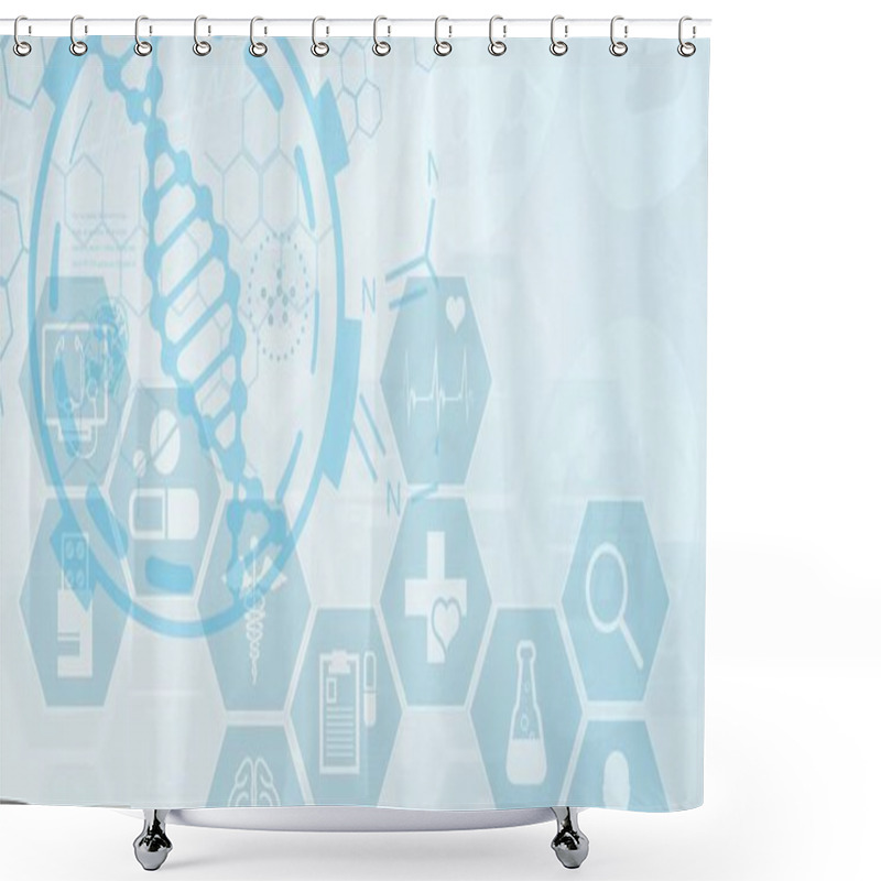 Personality  Digital Illustration Of Medical Icons And DNA Strain On White Background. Medicine Public Health Pandemic Coronavirus Covid 19 Outbreak Concept Digital Composite. Shower Curtains