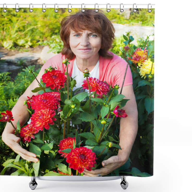 Personality  Woman In The Garden Cares For Flowers Shower Curtains