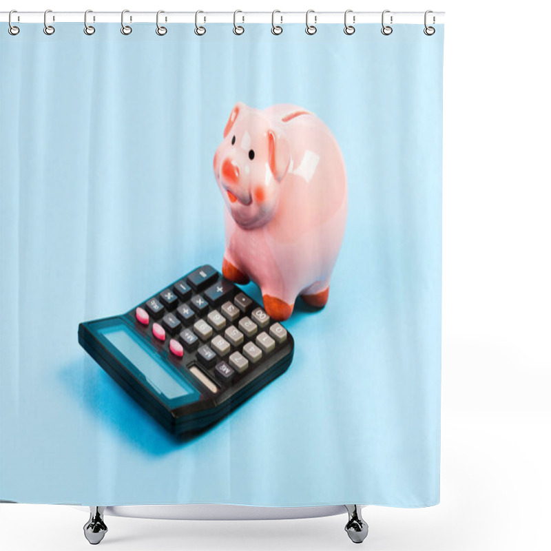 Personality  Moneybox With Calculator. Piggy Bank. Planning And Counting Budget. Bookkeeping. Financial Problem. Income Capital Management. Money Saving. Accounting And Payroll. Social Help Shower Curtains