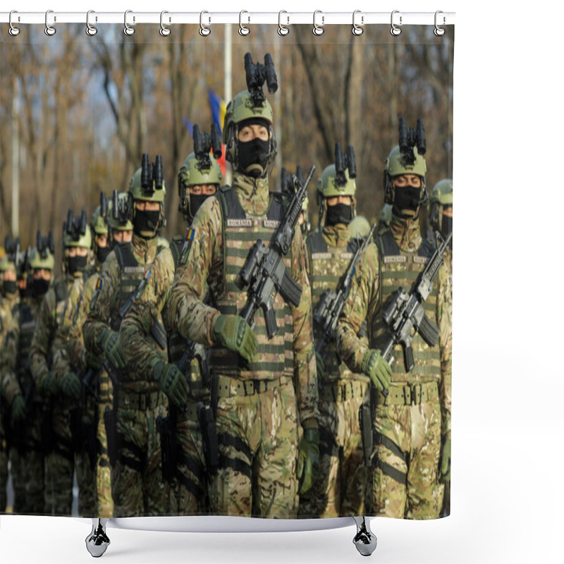 Personality  Bucharest, Romania - 1 December, 2021: Romanian Army Special Forces Soldiers Prepare For The Romanian National Day Military Parade. Shower Curtains