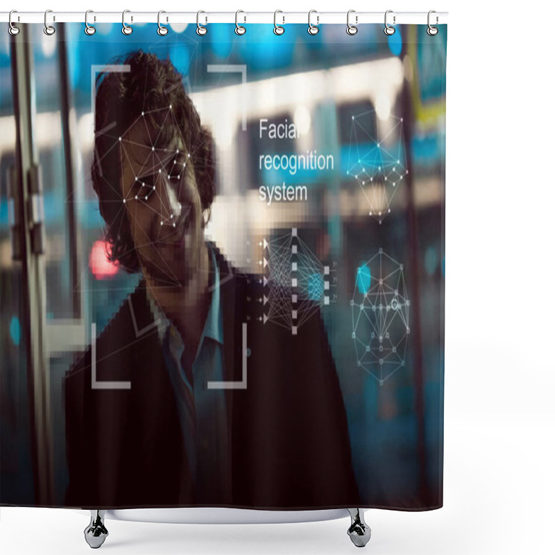 Personality  Facial Recognition System, Concept. Young Man On The Street, Face Recognition Shower Curtains