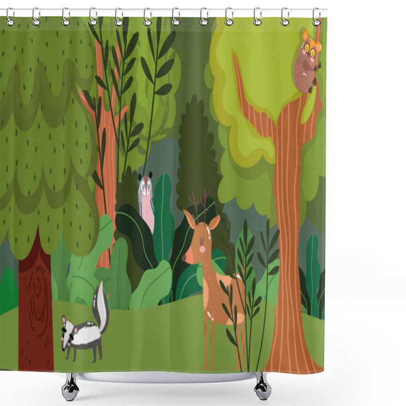 Personality  Cute Deer Opossum Skunk Animal Grass Forest Trees Nature Wild Cartoon Shower Curtains